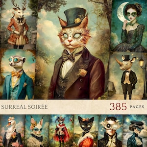 Könnte beinhalten: Eine Sammlung surrealer Porträts mit anthropomorphen Tieren in formeller Kleidung. Das zentrale Bild zeigt eine Katze mit Zylinder und Anzug. Der Text "SURREAL SOIRÉE" und "385 PAGES" sind ebenfalls zu sehen.