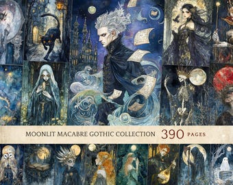 May include: A collection of gothic art prints with a dark, ethereal theme. The images feature figures in flowing robes, castles, and a black cat, all set against a backdrop of blues and purples. The text "MOONLIT MACABRE GOTHIC COLLECTION 390 PAGES" is displayed.