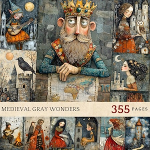 Middeleeuws koninkrijk junk-dagboekafbeeldingen, digitale download junk-dagboekkit, wonderillustraties met historisch thema, knutselprojecten doe-het-zelf