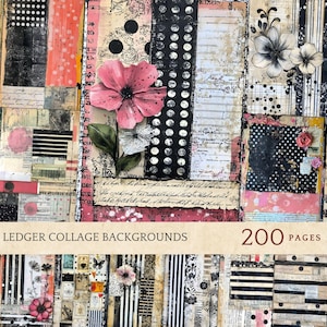 May include: A collage of ledger paper backgrounds with floral and polka dot accents. The design features a large pink flower, black and white stripes, and the text "LEDGER COLLAGE BACKGROUNDS 200 PAGES". The overall aesthetic is vintage and artistic.