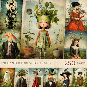 Efímeras de fantasía botánica, kit de diario basura imprimible y caprichoso, papel digital con retratos surrealistas del bosque.