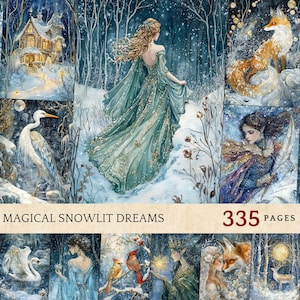 Art mystique enneigé pour journaux indésirables, feuilles de collage fantastique de neige éthérée, imprimables d'art de conte de fées congelés, scrapbooking, magique, fantastique
