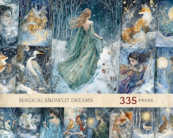 May include: A collage of whimsical winter scenes featuring fairies, foxes, birds, and a magical forest. The collage is titled "Magical Snowlit Dreams" and includes the text "335 Pages".