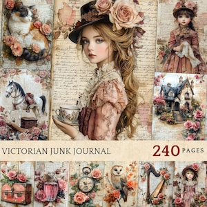 May include: A vintage-style junk journal with 240 pages featuring a collage of images including a girl in a hat, a rocking horse, a house, a bird, a fox, a cat, and flowers. The journal has a Victorian theme.
