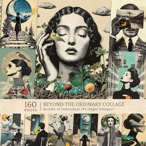 Kit de arte de collage surrealista, gráficos imprimibles con atmósfera melancólica, figuras misteriosas vintage, páginas para diario.