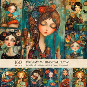 Kit de collage de retratos caprichosos, páginas imprimibles de estilo bohemio vibrante, efímeros de diario de arte folclórico de ensueño