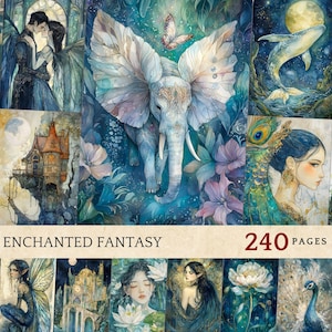 Pages de journal indésirable fantastique enchanté, fichiers JPEG de haute qualité, scrapbooking, esthétique magique, fantastique, céleste, rêveur, image imprimable