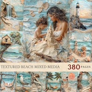 Textured Beach Mixed Media Kit, Digital Coastal Junk Journal Pages, Nautical Printable Ephemera Pack