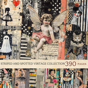 May include: A collage of vintage-style illustrations featuring an owl, a fairy, a ghost, and other whimsical figures. The background includes stripes, polka dots, and aged paper textures. The text "STRIPED AND SPOTTED VINTAGE COLLECTION 390 PAGES" is displayed.