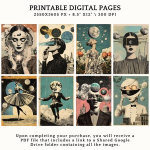 May include: A set of six digital printable art prints featuring surrealist collages with a retro aesthetic. Each print features a person with a celestial body or object replacing their head, set against a backdrop of cityscapes and clouds. The prints are available in a digital PDF file that includes a link to a shared Google Drive folder containing all the images.
