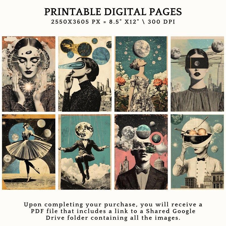 May include: A set of six digital printable art prints featuring surrealist collages with a retro aesthetic. Each print features a person with a celestial body or object replacing their head, set against a backdrop of cityscapes and clouds. The prints are available in a digital PDF file that includes a link to a shared Google Drive folder containing all the images.
