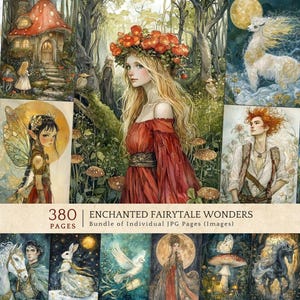 Fantasy Junk Journal Kit, Magische Märchen Märchenbuch Charaktere, Verzauberter Wald Aquarell Hintergründe
