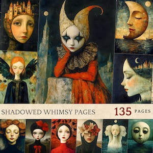 May include: A collection of whimsical art prints featuring surreal portraits. The images showcase figures with unique adornments, including bird-like headpieces, castle-shaped hats, and harlequin-style makeup. The color palette is rich with reds, blues, and earthy tones. Text reads "Shadowed Whimsy Pages" and "135 Pages".