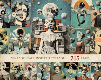 Junk Journaling Space Art, Pop Surrealism Prints, Moon And Astronaut Digital Graphics, Scrapbook Paper