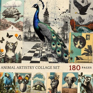 Tierbezogene Kunstdrucke für Journals, Künstlerische Tierdrucke, Tiercollage zum Basteln, Mixed-Media-Kunstdrucke