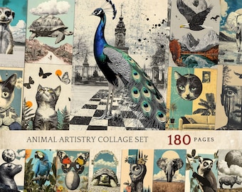 Surreal Animal Artistry Collage Set, 180 Pages, Digital Download Ephemera Pack, Mixed Media