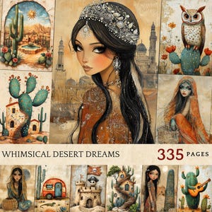 Fantazyjne ilustracje pustyni, wydruki dzienników śmieci w stylu pustyni, ilustracje do scrapbookingu w stylu boho pustyni, osobliwe wzory dla rzemieślników