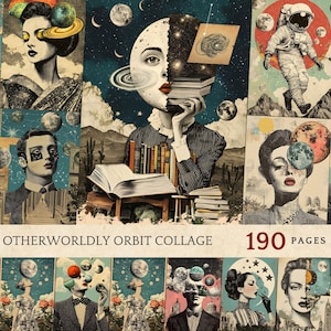 Pages de collage techniques mixtes astrales surréalistes, images esthétiques cosmiques de science-fiction, journal indésirable inspiré de la galaxie, fournitures de scrapbooking spatial