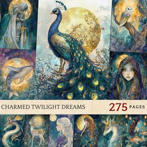 Pode incluir: Uma colagem de pinturas em aquarela que apresenta um pavão, uma baleia, um dragão, um veado, uma mulher com cabelo comprido, uma mulher com capuz, uma coruja e um baú. A colagem é intitulada "Charmed Twilight Dreams" e tem 275 páginas.