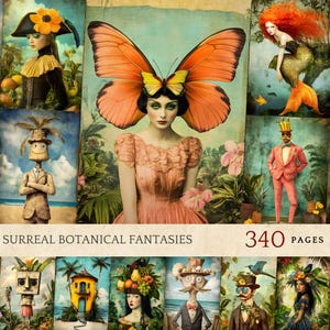 Vintage Surreale botanische Kunst, wunderliche Fantasy-Figur Clipart, Lowbrow-Pop-Surrealismus-Digital-Bundle