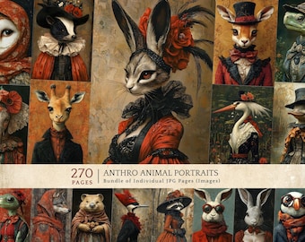 Anthropomorphe Tierporträts, viktorianisches Gothic Digital Bundle, Elegante Damen Gentlemen Kunst, Junk Journal Printables