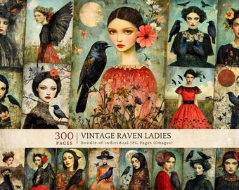 Gothic Raven Ladies Bundle, Dark Academia Vintage Printable, Witchy Digital Collage Pages, Mysterious Art