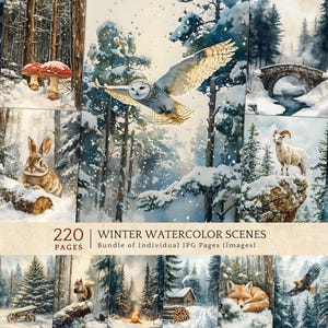 Snöig skog akvarell, utskrivbart skräpjournalkit, vinterlandskap digital nedladdning Ephemera Pack