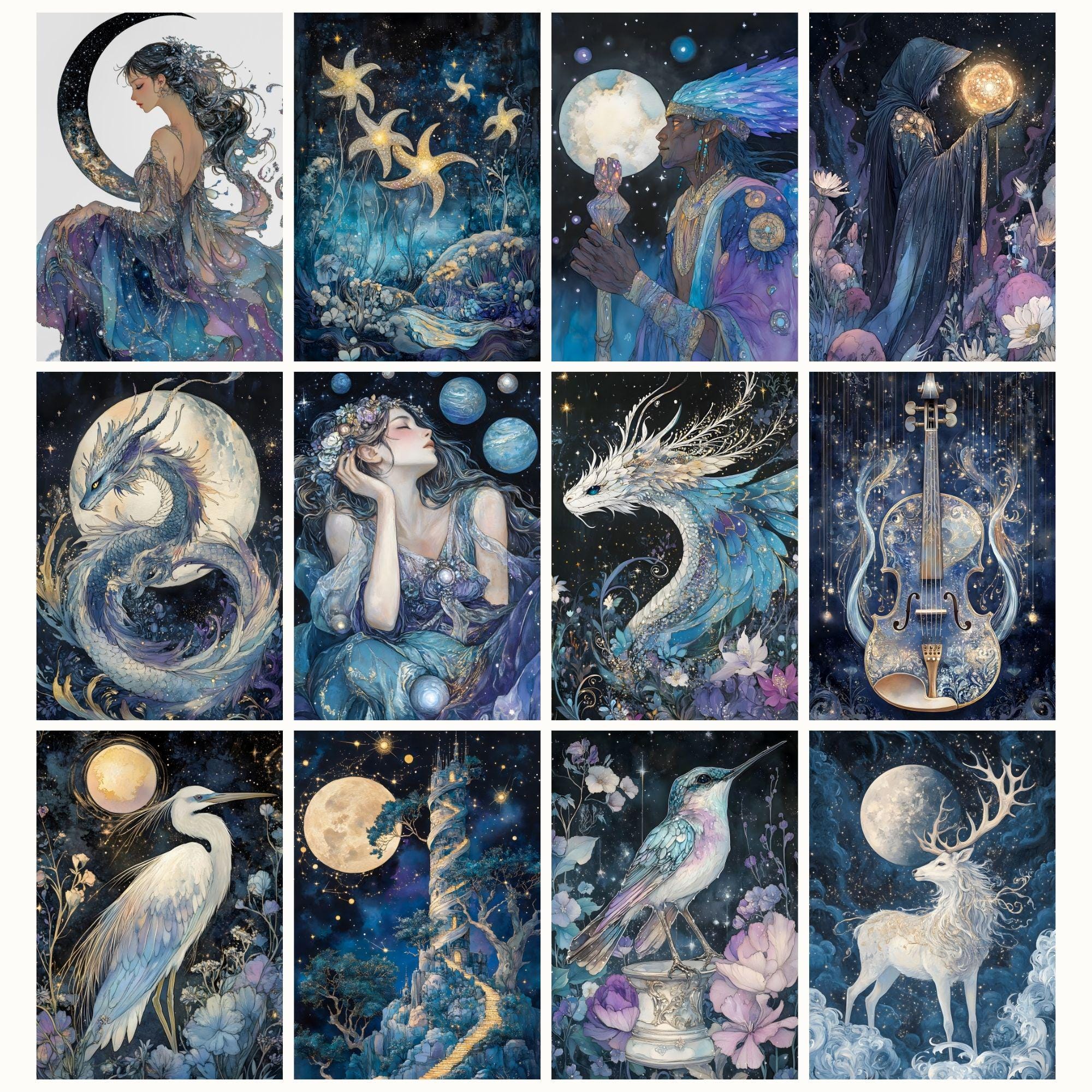 Paper Mythic Mythic Night Digital Paper, Watercolor Fantasy Art, Witchy Celestial ...