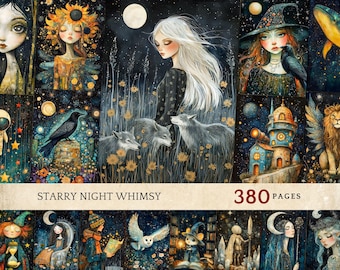 Whimsical Starry Night fantasy junk journal pages, scrapbooking, magical, fantasy, celestial, dreamy aesthetics, printable images