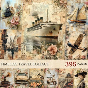 Travel Collage Junk Journal Pages, vintage mixed mediakunst, junk journal, plakboekpapier, digitaal papier, vintage ephemera, donkere academische wereld