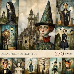Puede incluir: Una colección de ilustraciones caprichosas con temática gótica. La obra presenta retratos de personajes con atuendos oscuros, un castillo y el texto "Dreadfully Delightful" y "270 pages". La paleta de colores incluye tonos apagados.