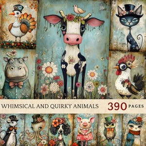 Pacchetto di carta digitale con animali stravaganti e stravaganti, fogli di collage di animali stravaganti stampabili, simpatici animaletti effimeri, kit per diario ATC e spazzatura