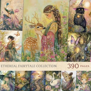 May include: A collection of watercolor illustrations with an ethereal fairytale theme. The images feature a woman with a deer, a black cat in a witch hat, and other fantasy elements. The text "Ethereal Fairytale Collection" and "390 pages" are visible.