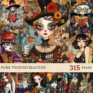 Pagine di diario di Punk Twisted Beauties, effimeri digitali di ragazze punk audaci, arte digitale di ragazze grunge, collage di tecniche miste punk gotico