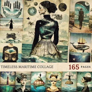 Surrealistische maritieme collage, nautische pagina's met ongewenste dagboeken, op de oceaan geïnspireerde mixed media-achtergronden, dromerige op zee geïnspireerde ephemera plakboeken