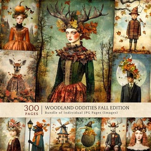 Autumn Woodland Portraits, Printable Junk Journal Kit, Oddities Vintage Ephemera, Digital Download Collage Pack