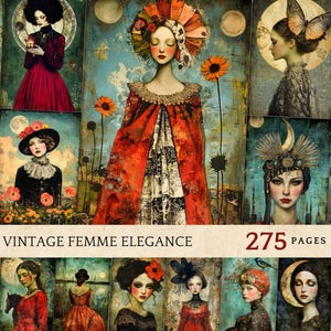 Imprimibles de diario basura vintage para damas elegantes, retratos, ilustración de moda retro, descarga digital de arte vintage, moda retro shabby chic