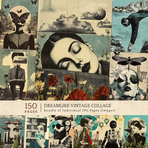 Digital Surrealism Paper Pack, Mysterious Woman Portraits, Engraving Style Collage, Vintage Scrapbook Kit