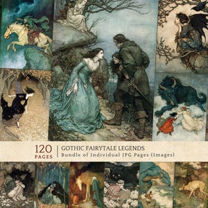 Pacchetto di leggende gotiche da fiaba, pagine JPG fantasy vintage, clipart dark, junk journal, materiale effimero stampabile