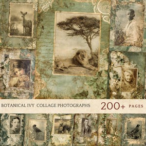 Puede incluir: Un collage de fotografías vintage con temática botánica y natural. Las imágenes incluyen retratos, animales y paisajes, dispuestos sobre un fondo verde texturizado. El texto "Botanical Ivy Collage Photographs" y "200+ pages" es visible.