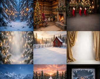 24 weihnachtliche Fotohintergründe, Winterporträt-Hintergründe, Festtags-Fotohintergrund-Paket, KI-Winterszenen, Sofort-Download