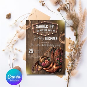 Invito alla festa di compleanno di Western Hoedown, sella e mettiti gli stivali, invito di compleanno stampabile da cowboy, modello Canva modificabile