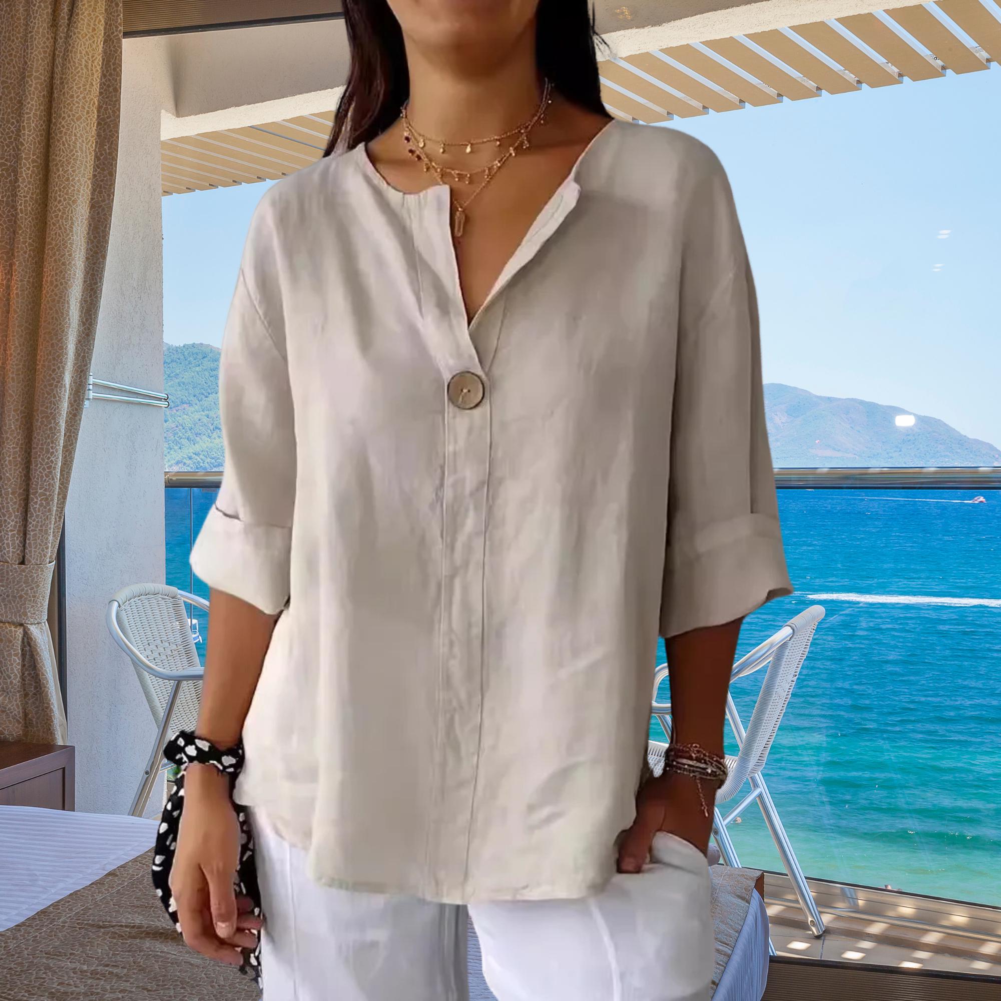 Boho Summer Blouse, Aesthetic Oversized Tunic Top, Autumn Women’s Cotton Linen Shirt, Loose Fit 3/4 Sleeve, V-Neck Shirt