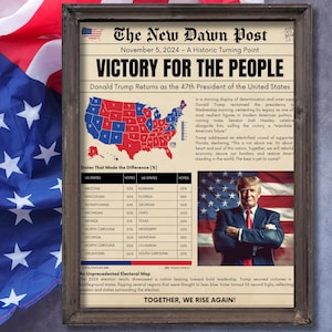 Afiche de periódico de elecciones de EE. UU., periódico Save The Date, Trump ganó, elecciones de EE. UU. 2024, presidente Donald Trump, Make America Great Again
