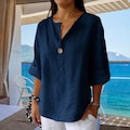 Boho Summer Blouse, Aesthetic Oversized Tunic Top, Autumn Women’s Cotton Linen Shirt, Loose Fit 3/4 Sleeve, V-Neck Shirt