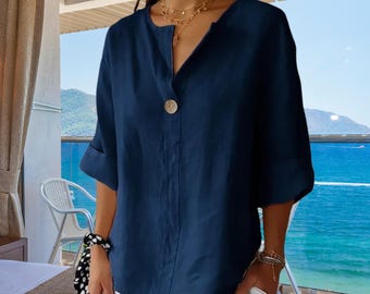Boho Summer Blouse, Aesthetic Oversized Tunic Top, Autumn Women’s Cotton Linen Shirt, Loose Fit 3/4 Sleeve, V-Neck Shirt