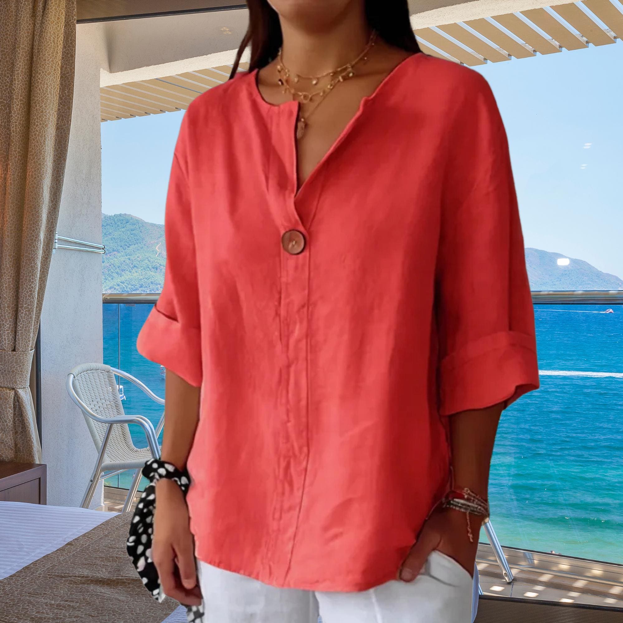 Boho Summer Blouse, Aesthetic Oversized Tunic Top, Autumn Women’s Cotton Linen Shirt, Loose Fit 3/4 Sleeve, V-Neck Shirt