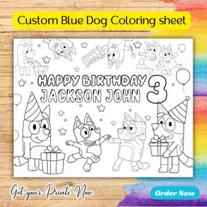 Customizable Blue Dog Birthday Coloring Sheet | Printable Gift, Activity for Kids, Party Game, Fun Dog Placemat, Cartoon Pup Party