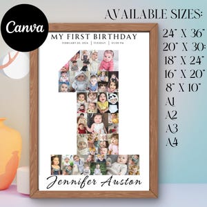 Birthday Number 1 Photo Collage, Birthday Gift, First Birthday Photo Sign, Editable 1st Birthday Photo Poster Templ, Instant Download, Canva