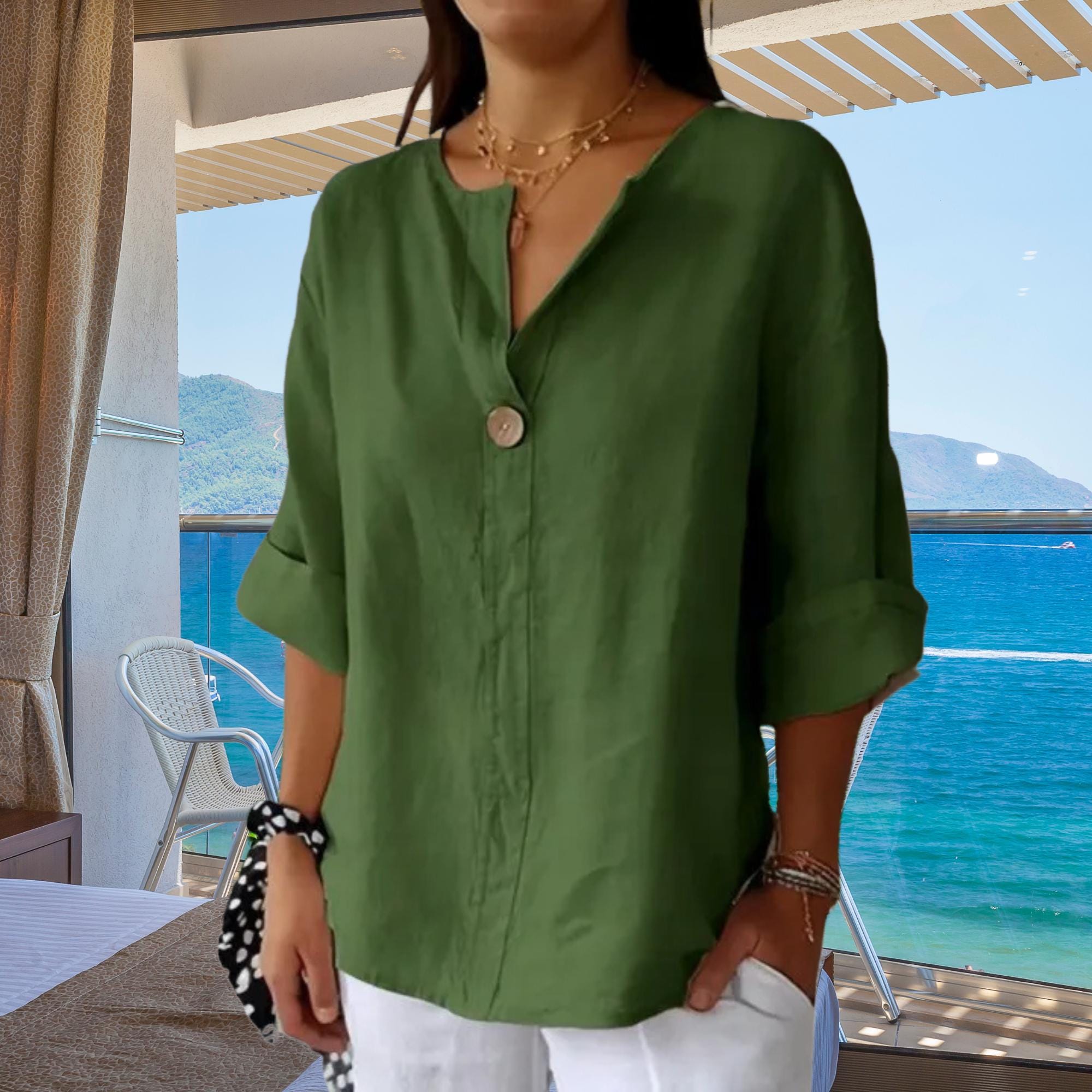Boho Summer Blouse, Aesthetic Oversized Tunic Top, Autumn Women’s Cotton Linen Shirt, Loose Fit 3/4 Sleeve, V-Neck Shirt